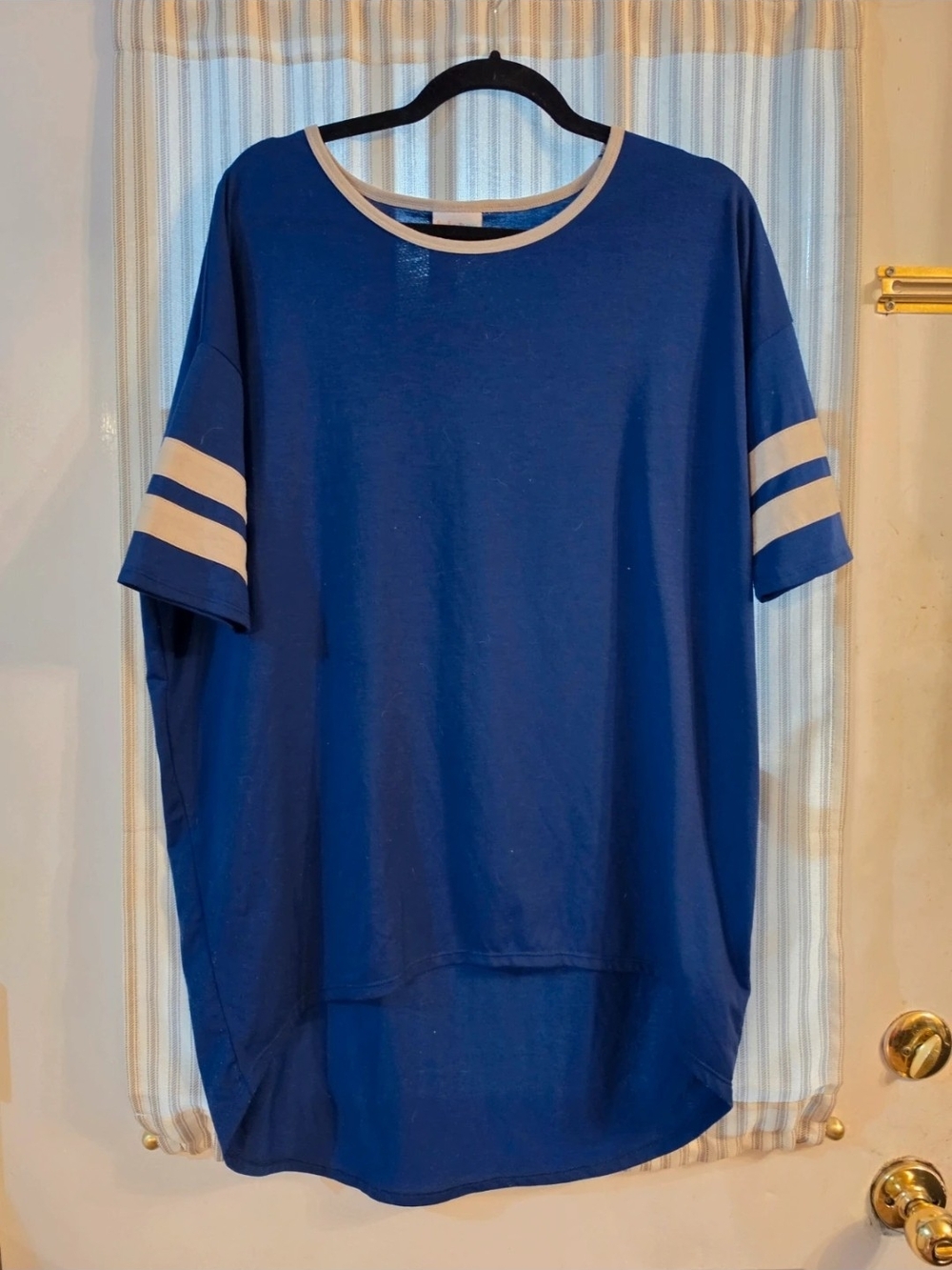 LuLaRoe Irma Royal Blue Short-Sleeve Tunic with Cream Trim